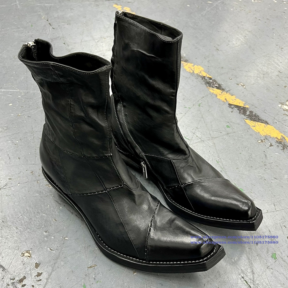 Men'S Shoes Zipper - Czarne skórzane męskie botki ze szpiczastym